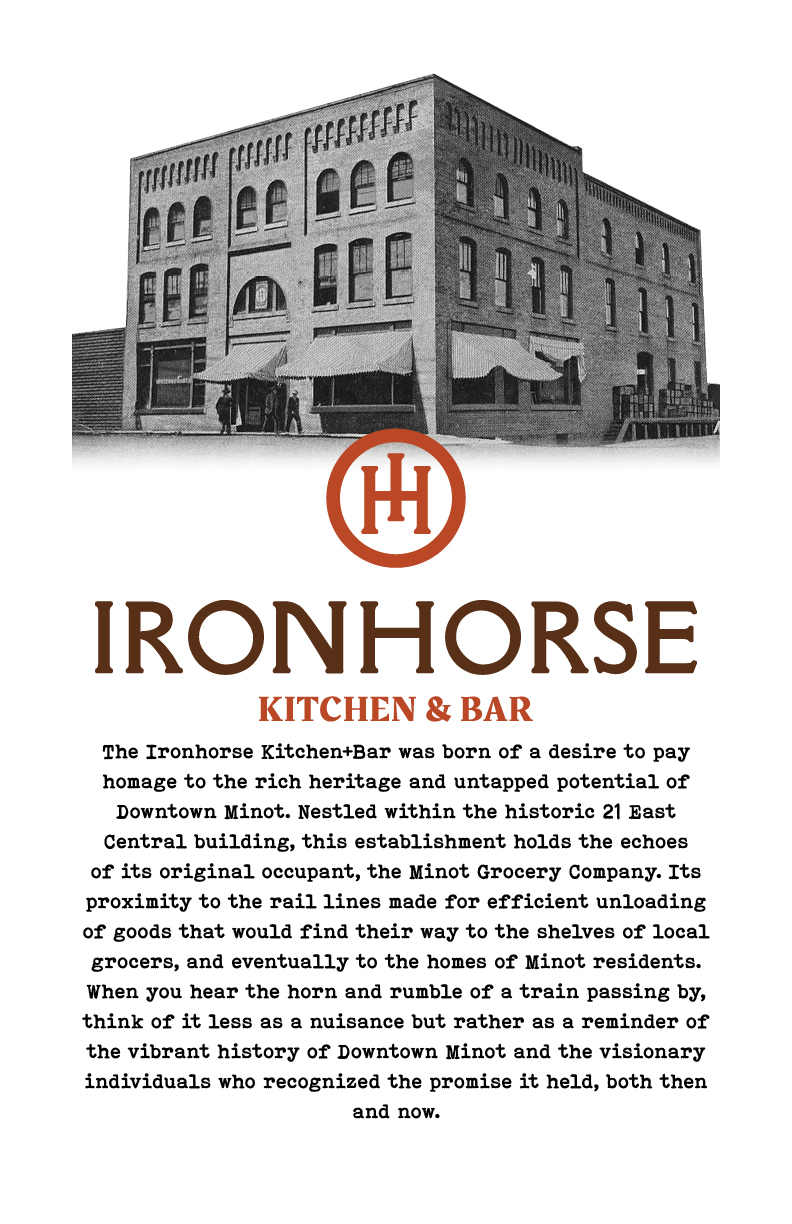 Historic Brick Building with Arched Windows, Storefront Awnings, and the Ironhorse Kitchen & Bar Logo Beneath.