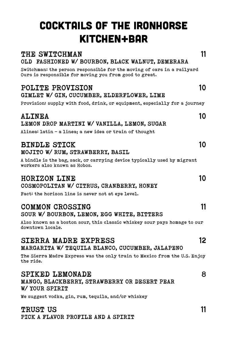Cocktails Menu Page with Drink Names, Ingredients, and Prices in a Vintage Typewriter Font.