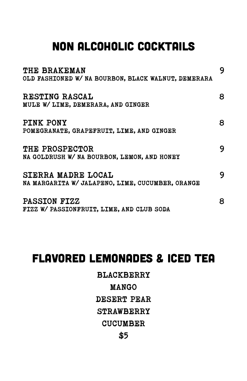 Non-alcoholic Cocktails Menu Listing Names, Ingredients, and Right-aligned Prices; Lower Section Shows Lemonades/iced Tea Flavors and .