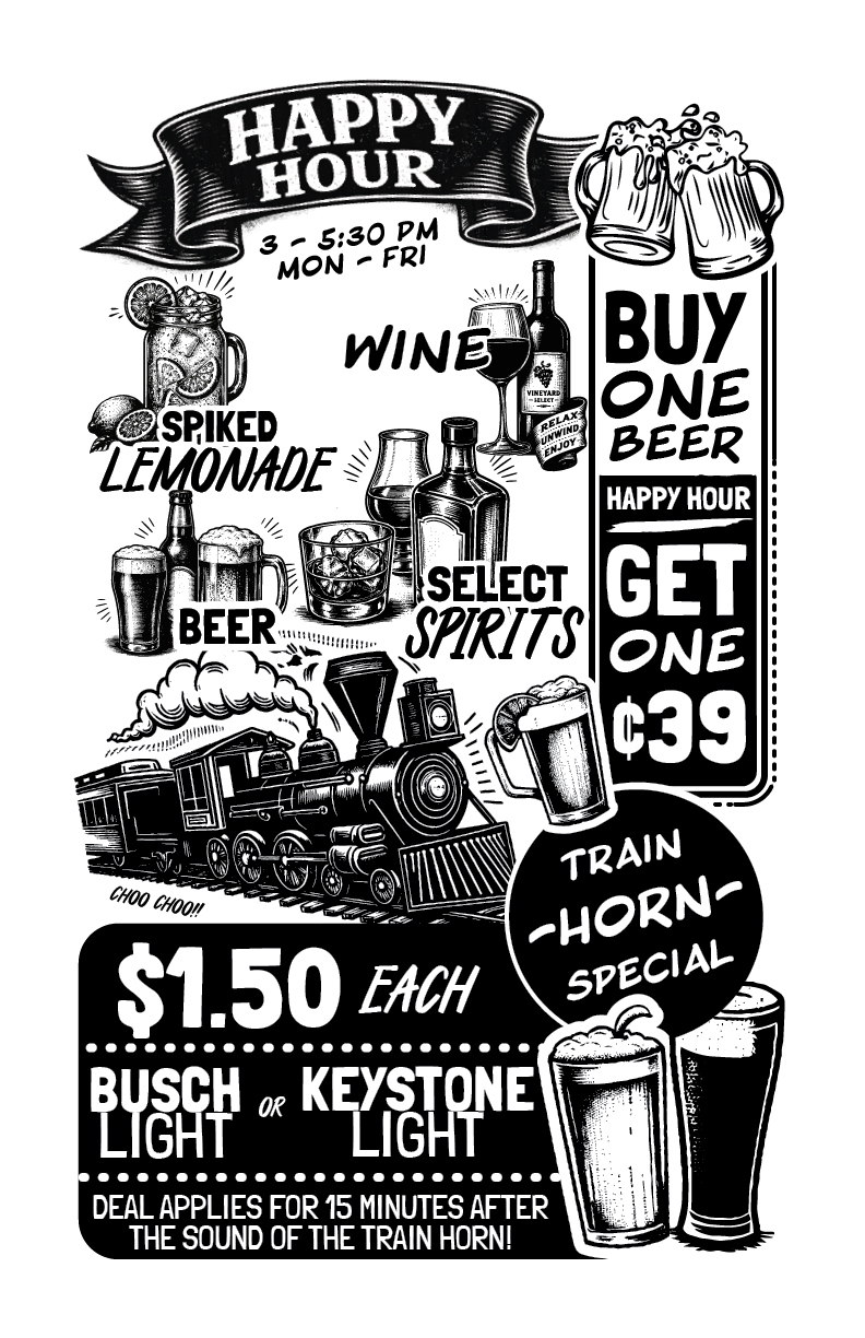 Promotional Poster for a Bar: 'happy Hour' with Drink Specials, Train Motif and 'buy One Beer' Offers for  alt=