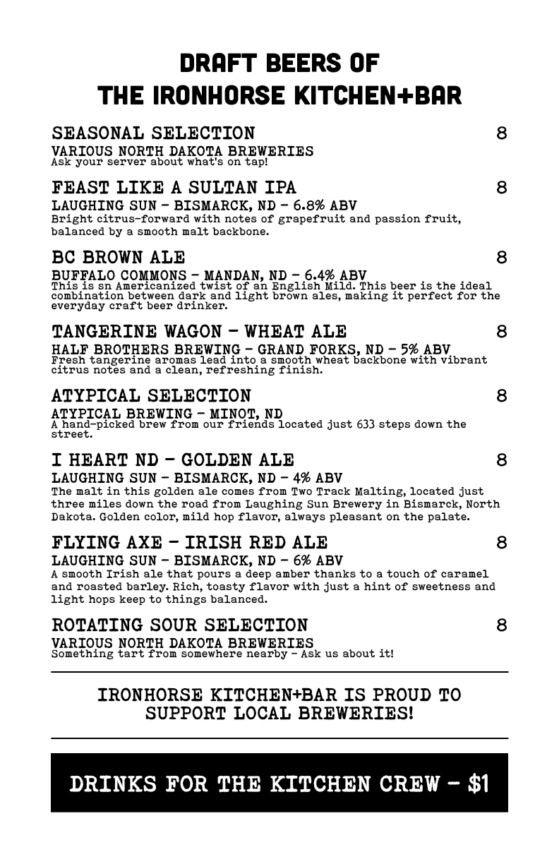Menu from Ironhorse Kitchen+bar Listing Draft Beers with Descriptions and Prices (all ). Typical Options Include Seasonal Selection, Feast Like a Sultan Ipa, Bc Brown Ale, and More.
