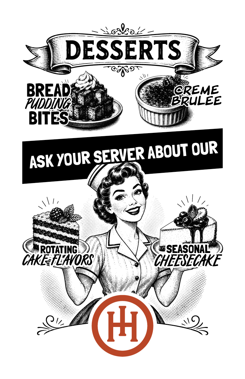 Cocktails Menu Page with Drink Names, Ingredients, and Prices in a Vintage Typewriter Font.