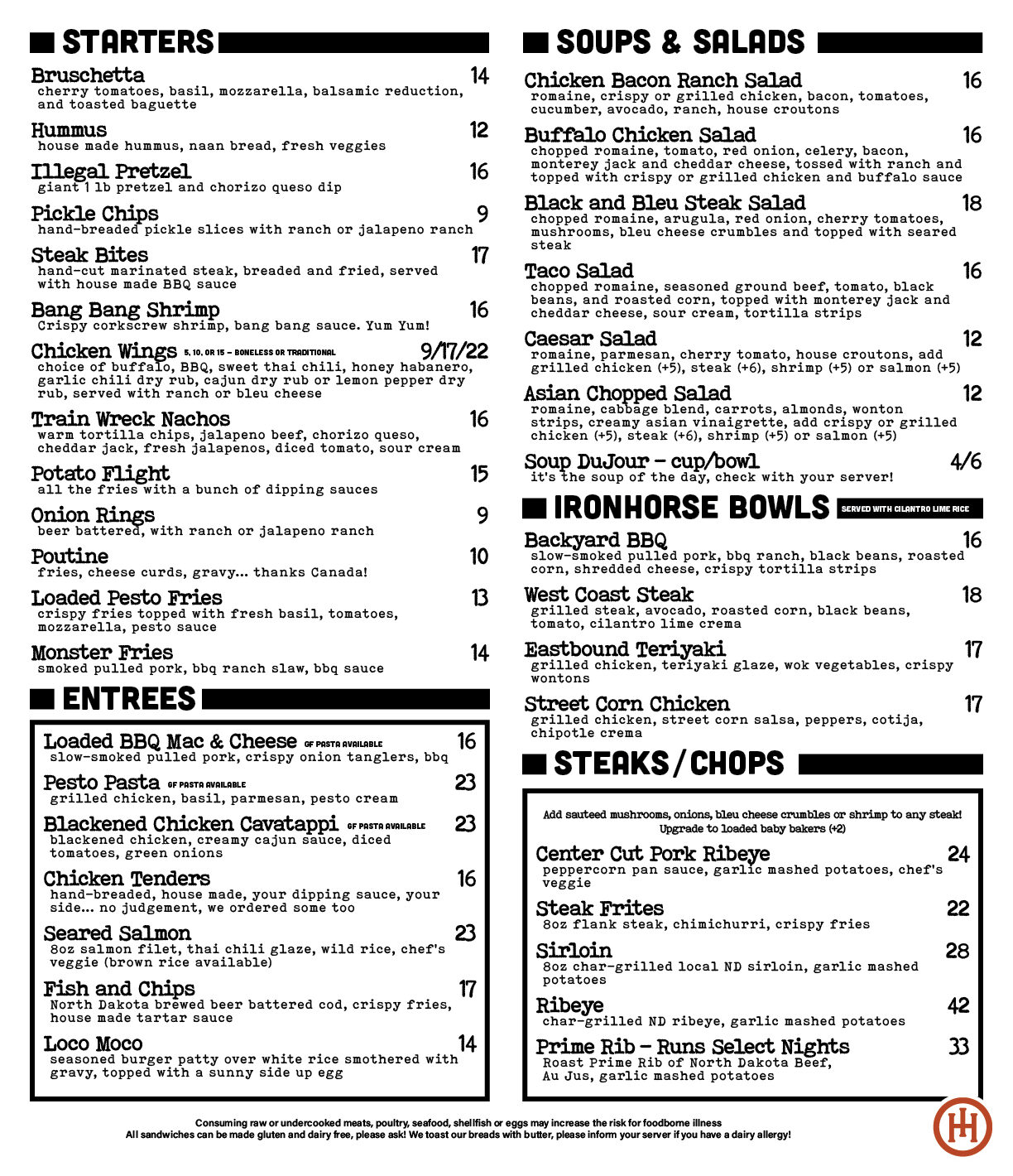Two-column restaurant menu showing categories like Starters, Soups & Salads, Entrees, Ironhorse Bowls and Steaks/Chops, with items such as Bruschetta, Hummus, Chicken Wings and Loaded BBQ Mac & Cheese.