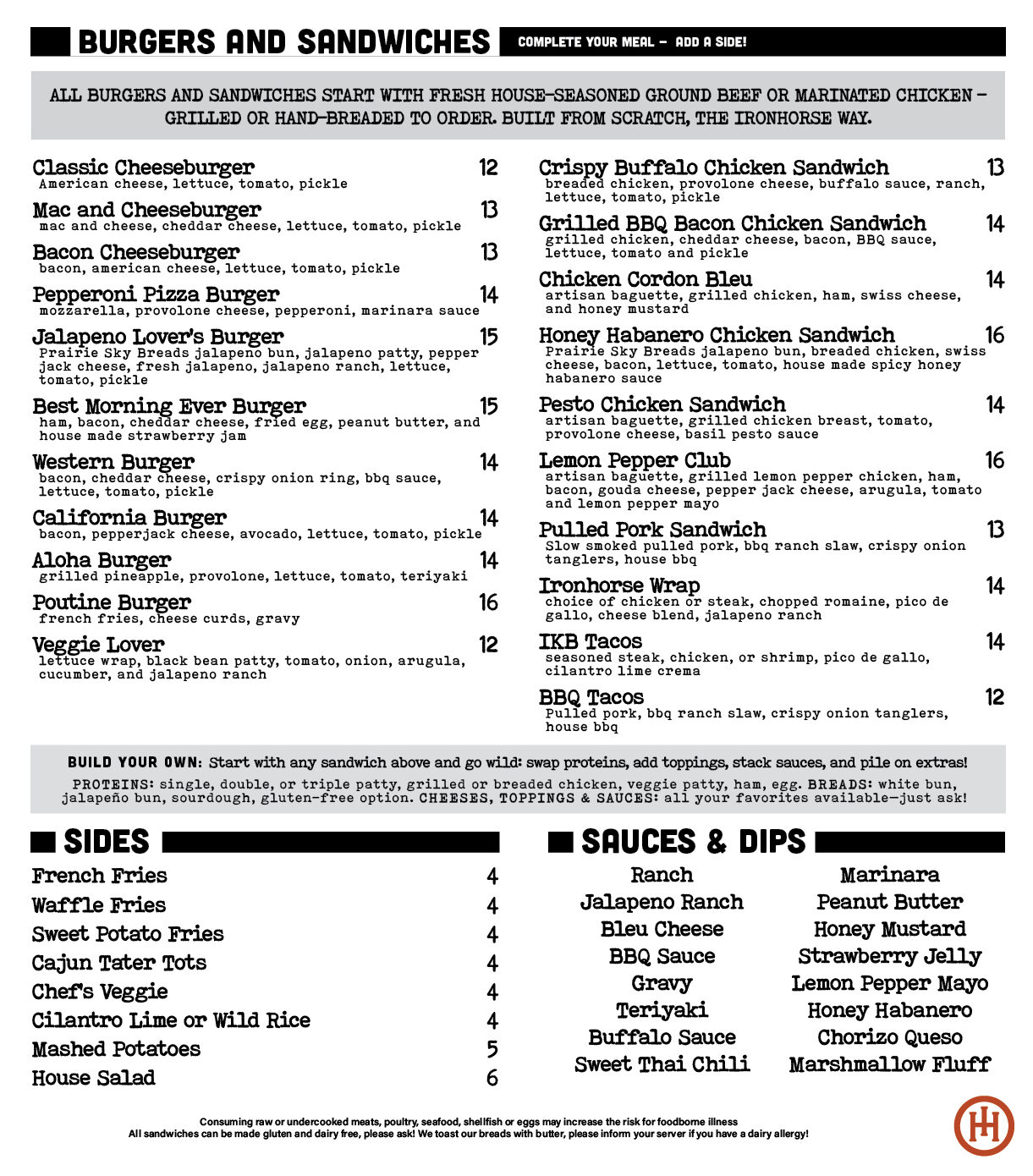 Black-and-white restaurant menu page titled 'BURGERS AND SANDWICHES' with a long list of burger names and prices, plus sides and sauces sections.